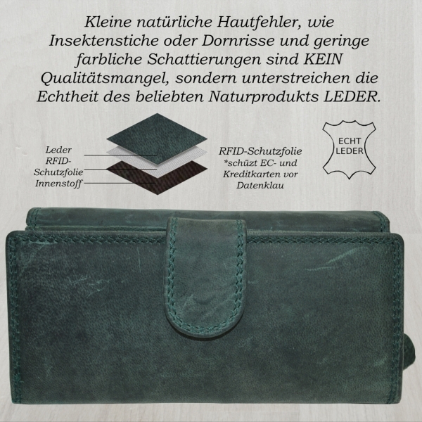 Portemonnaie Damen Wild Leder Geldbeutel mit 21 Kartenfächern (Grün)